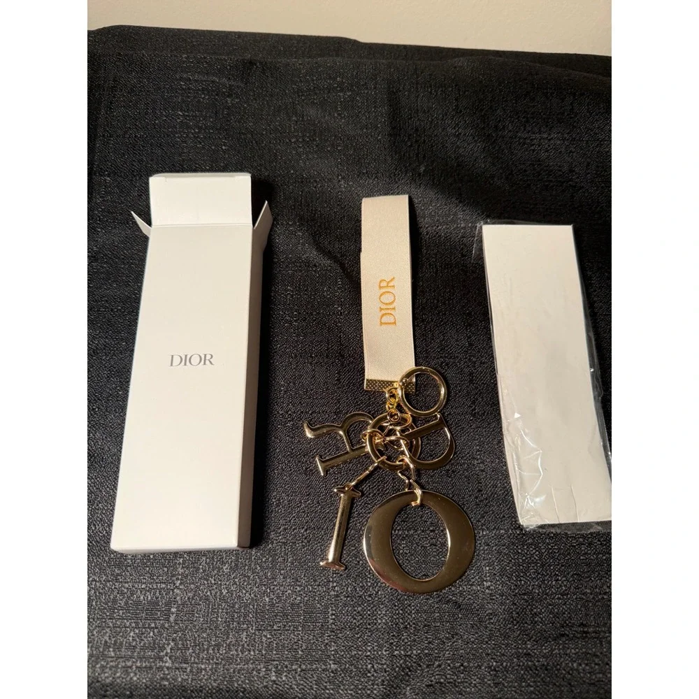 Christian Dior Gold Tone Letter Charm Keychain Logo Ribbon Strap with Box